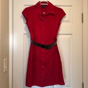 Red Pinstriped Shirt Dress with Patent Black Belt